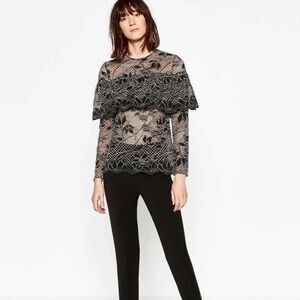 NWT Zara black lace overlay frill long sleeve top floral Sz M